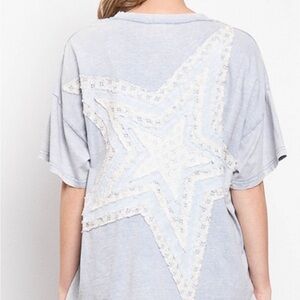 ✨ Blue Velvet Patched Star Top – Blue | Size Medium | 100% Cotton ✨